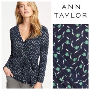 Navy & Green Tulip Print Belted Faux Wrap Top